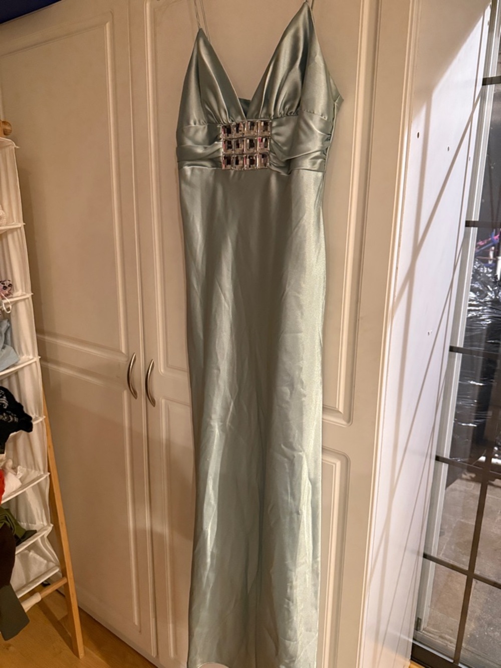 Jessica McClintock Bluish Sage Green Satin Maxi Dress with Jeweled